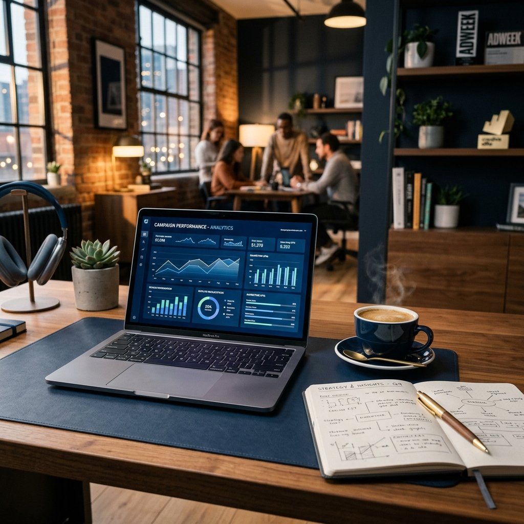 Premium creative agency desk showcasing a laptop running tradesmen lead generation metrics and detailed local postcode analysis